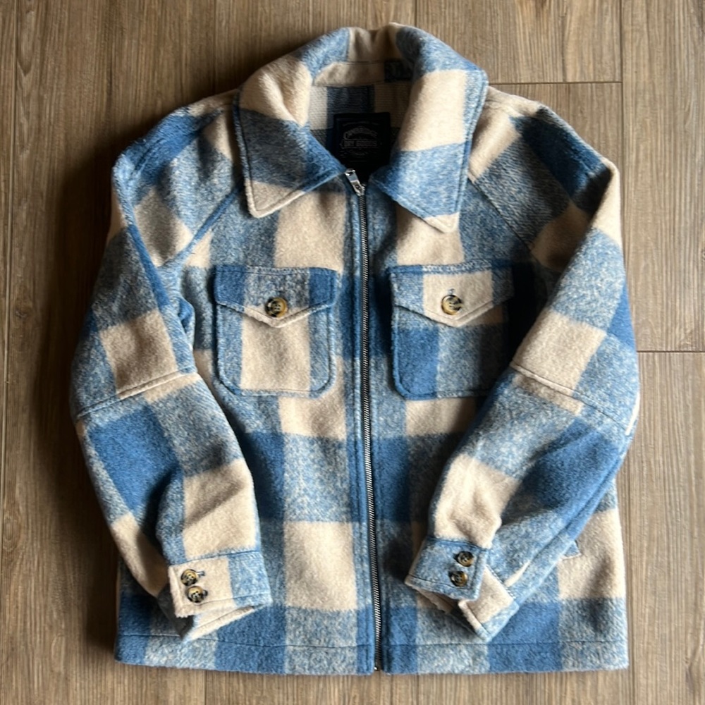 Cream and blue plaid jacket!